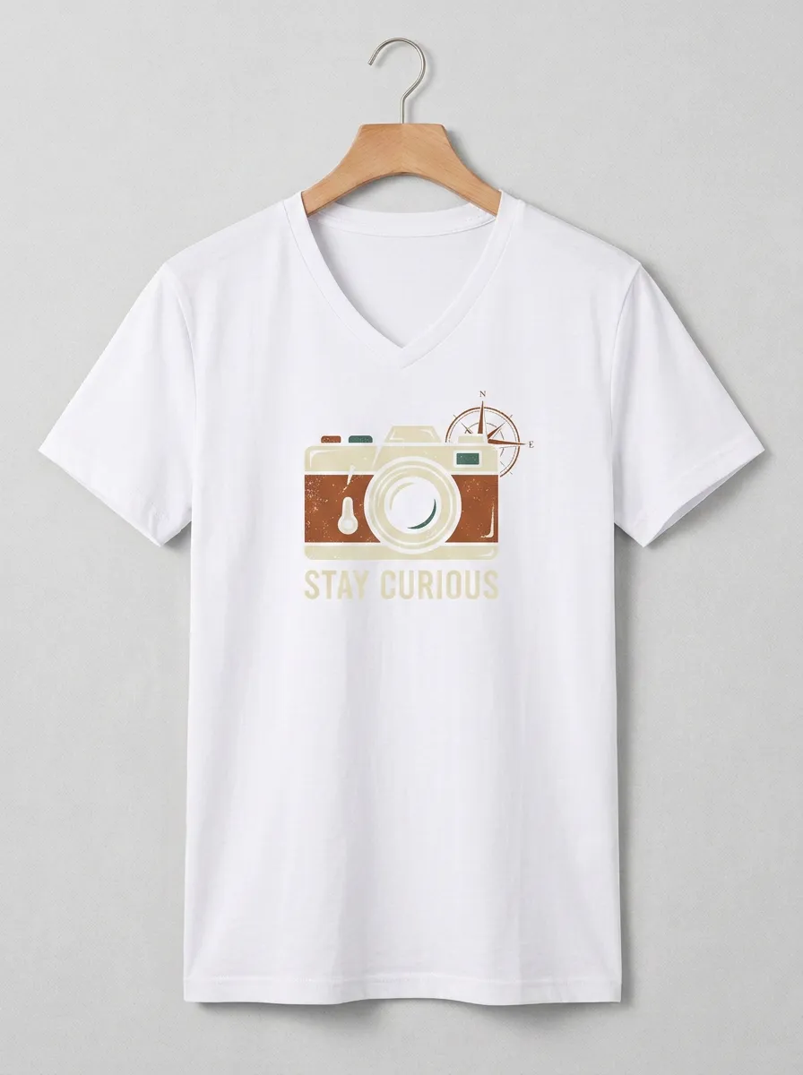 Unisex Photography Lover Stay Curious Camera Compass Printed V-Neck T-Shirt