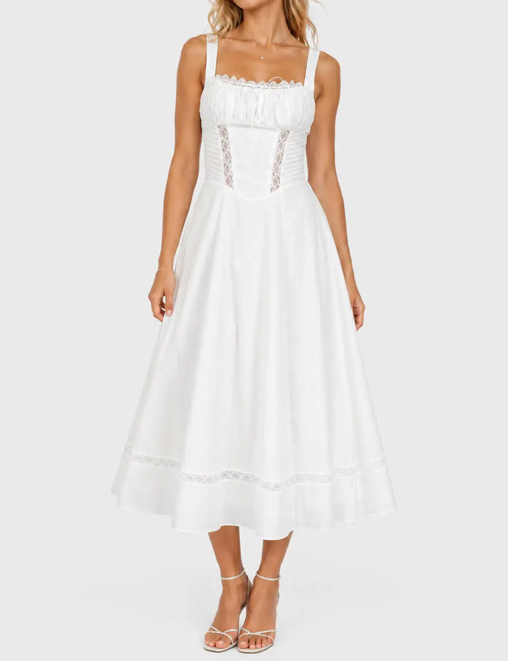 Lace Trim Ruched Bust Midi Dress