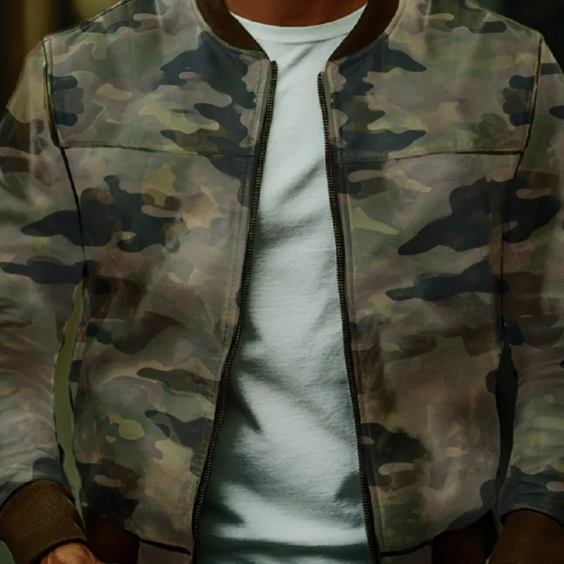 Leather Button Camo Jacket