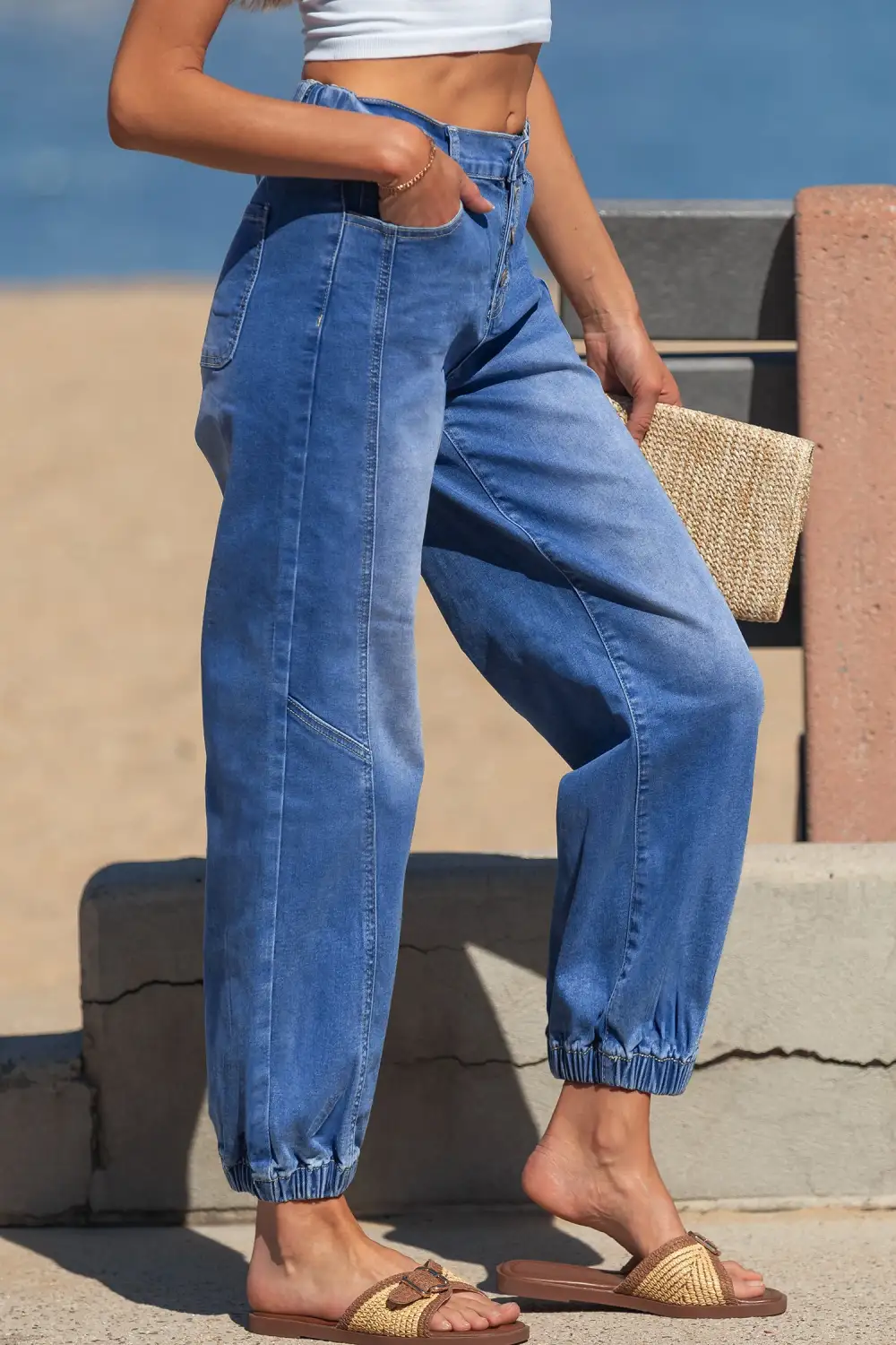 Women's Four Button Front Tapered Casual Loose Fit Jeans