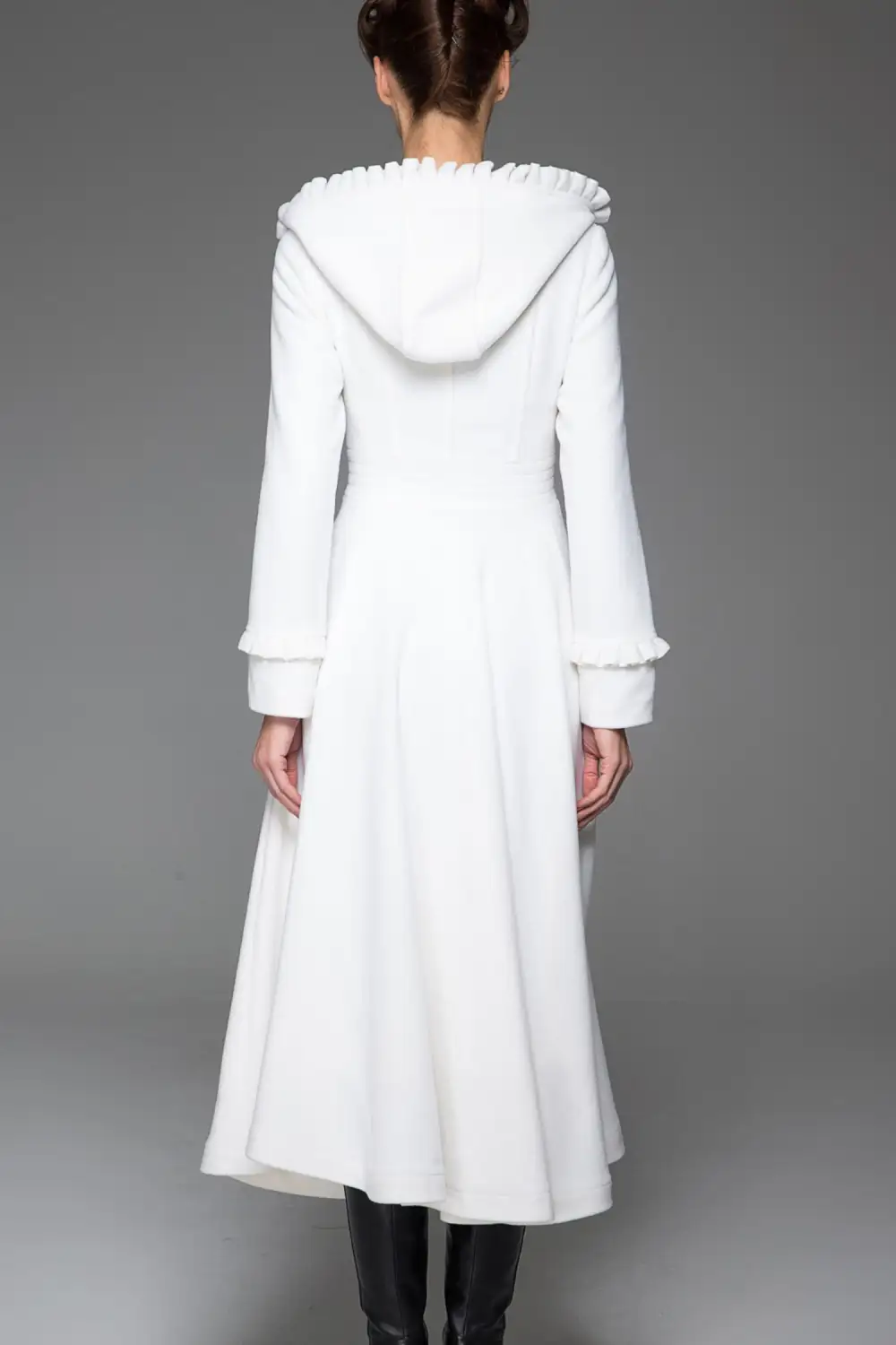 Tailored Wool Blend Fit and Flare Hooded Single Breasted Ruffle Trim Coat