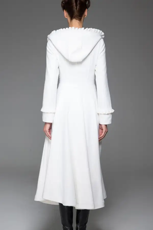 Tailored Wool Blend Fit and Flare Hooded Single Breasted Ruffle Trim Coat