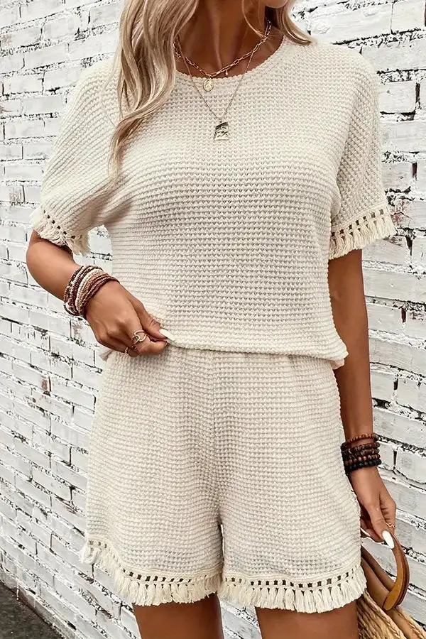 Color Round Neck Tassel Two Piece Set