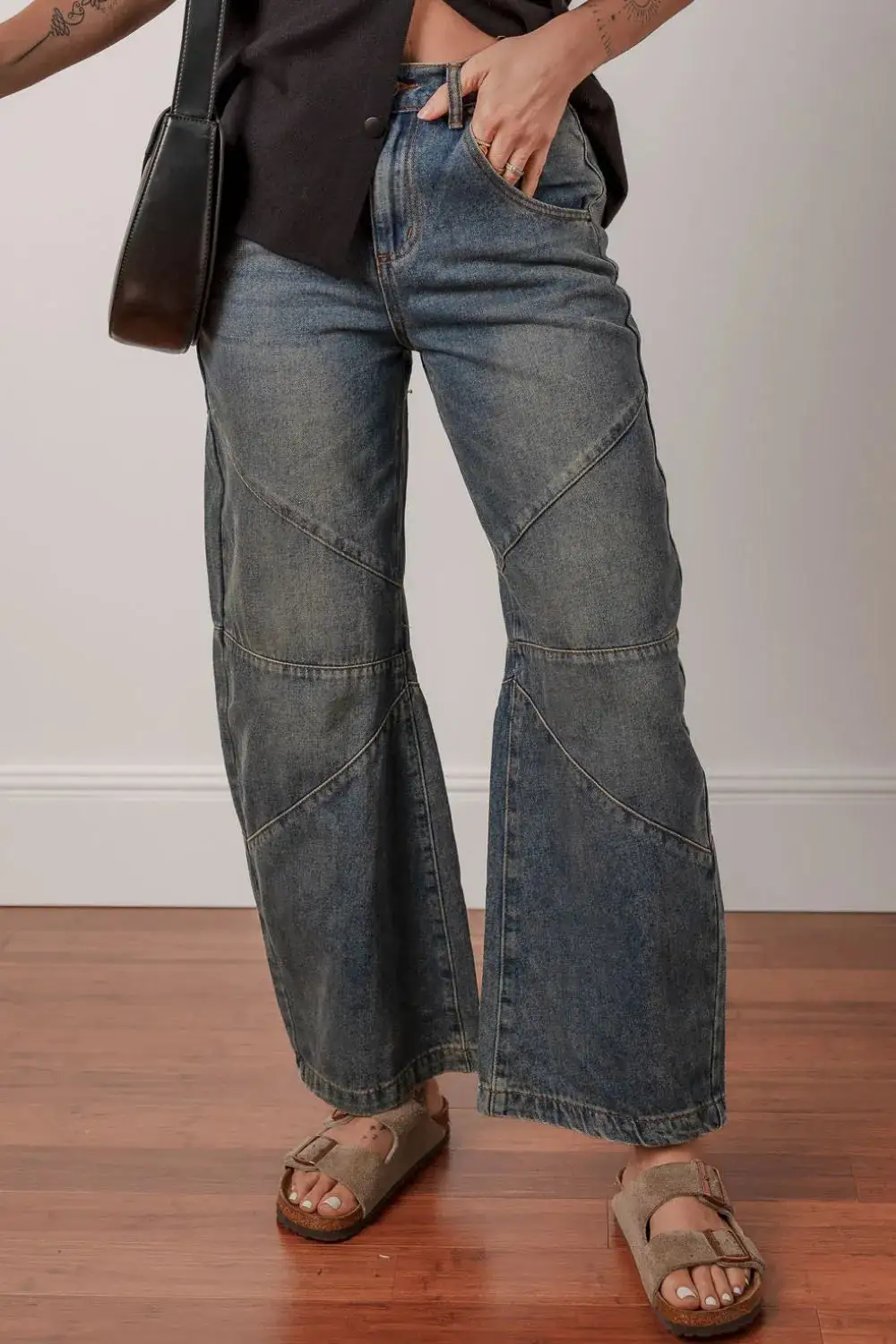 High-Waist Washed Stretch Straight Leg Jeans