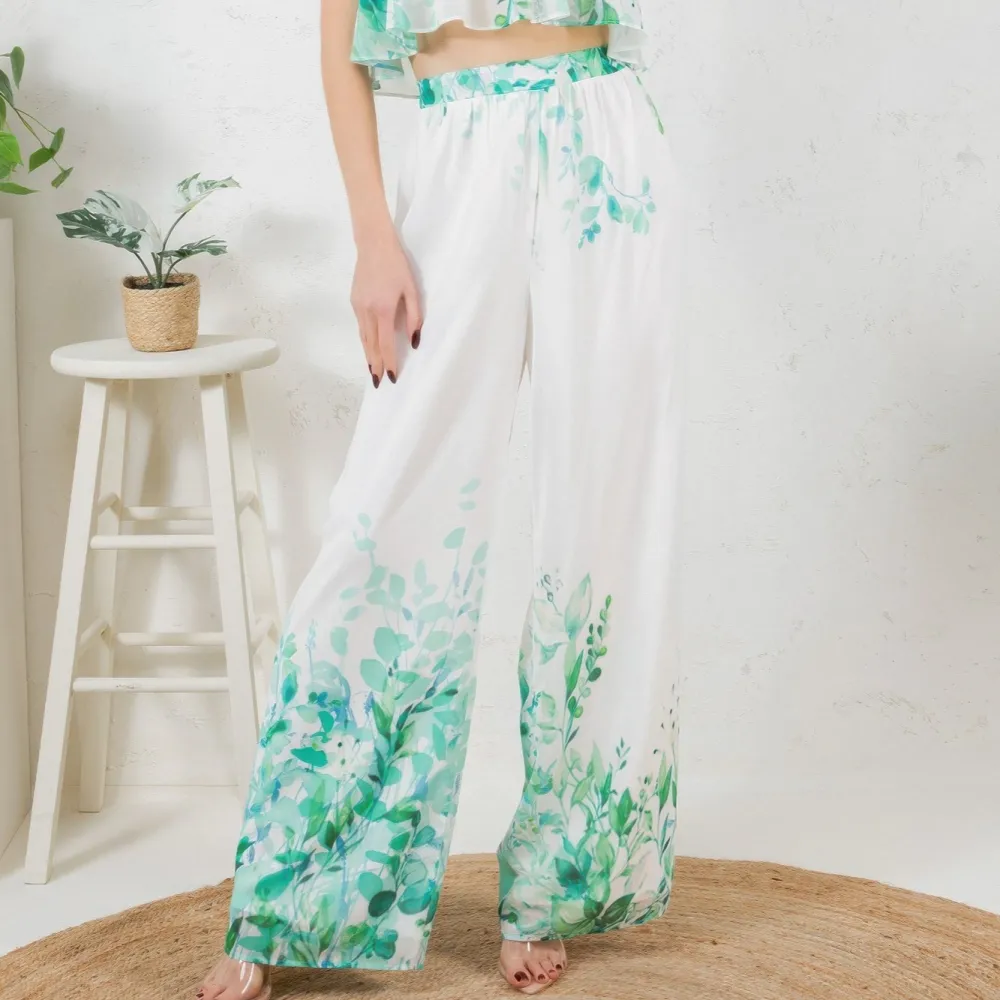 Printed Crop Top & Wide Leg Long Pants Set