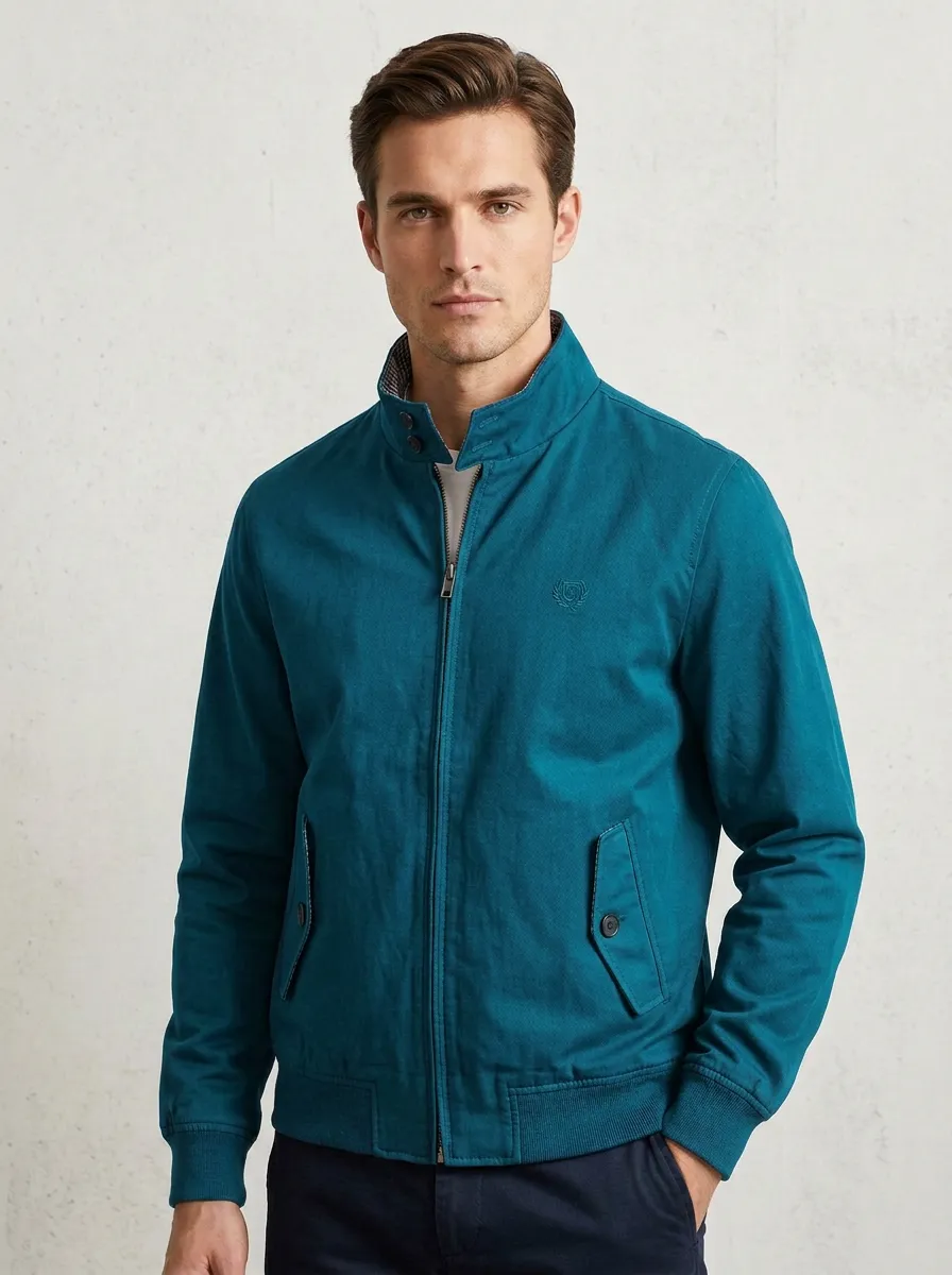 Men's Casual Business Navy Blue Embroidered Logo Zip-Up Jacket