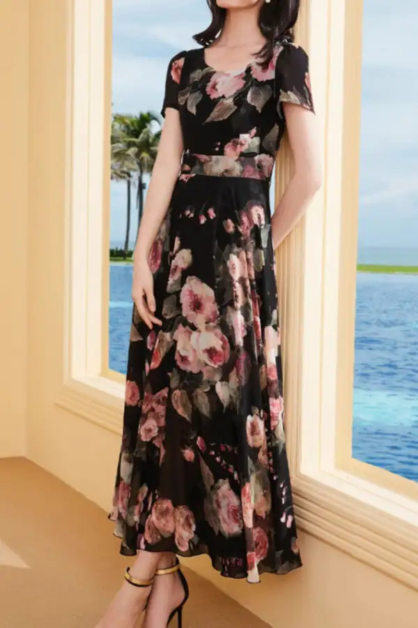 Classic Floral Chiffon Short Sleeve Maxi Dress