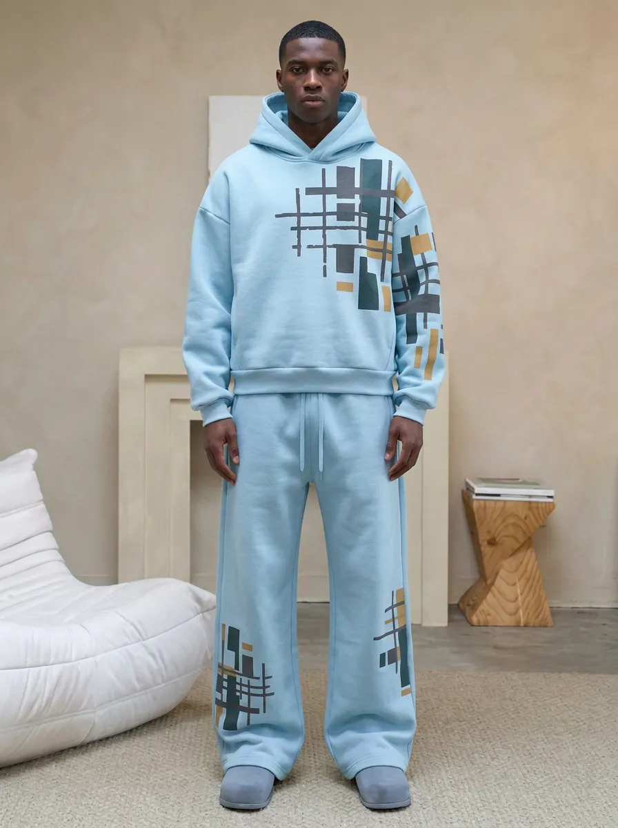 Men's Abstract Geometric Grid Printed Hoodie Sweatsuit