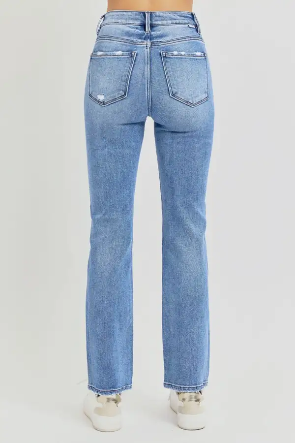 Distressed High Rise Ankle Straight Denim Jeans
