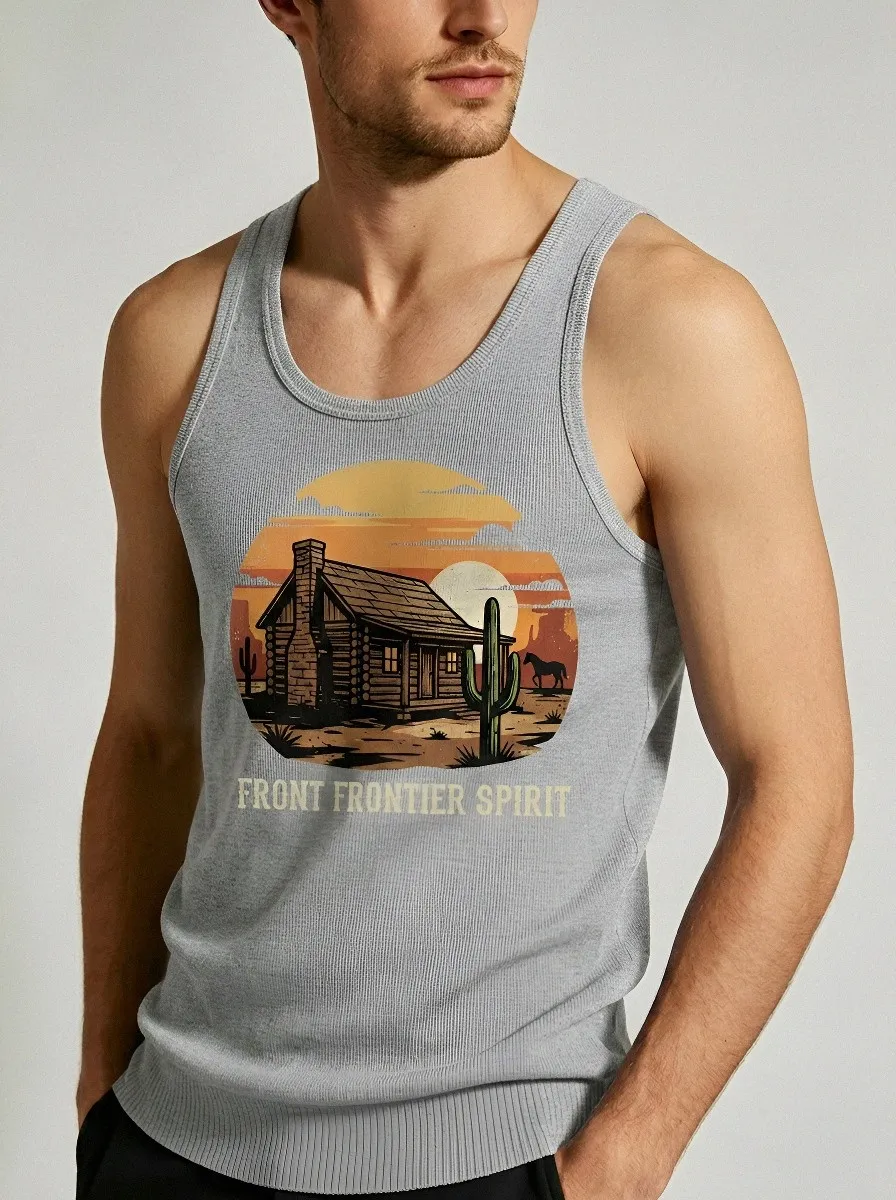 Men's Western Frontier Spirit Cabin Cactus Printed Tank Top