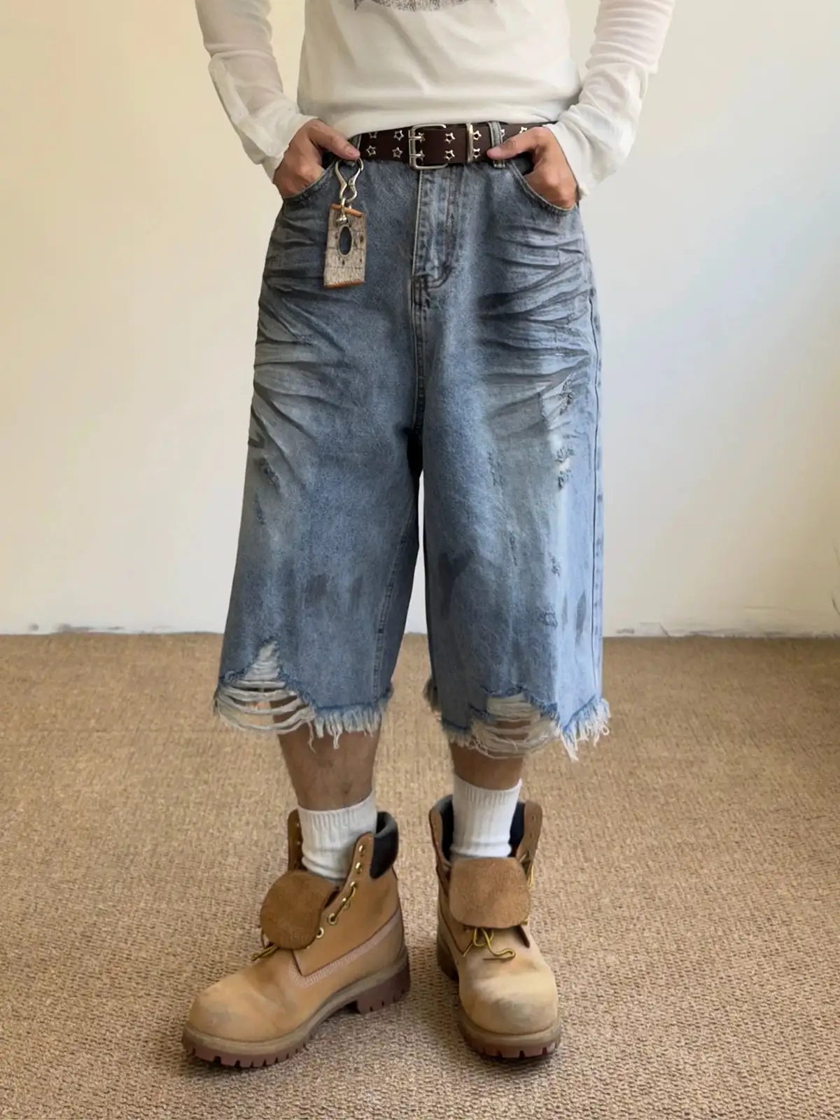 Wide-Leg Distressed Washed Shorts