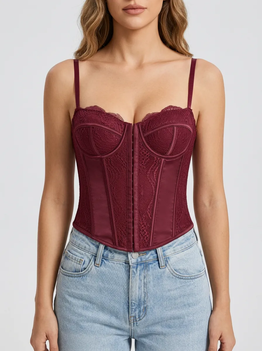 Floral-Lace Hook-and-Eye Satin-Style Women's Corset Top