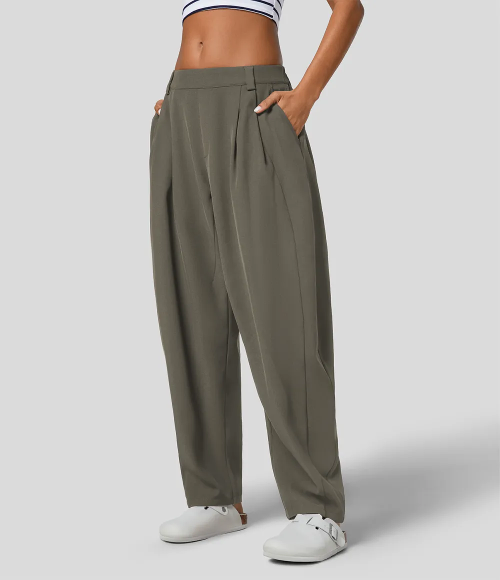 Mid Rise Plicated Side Pocket Barrel Leg Work Pants