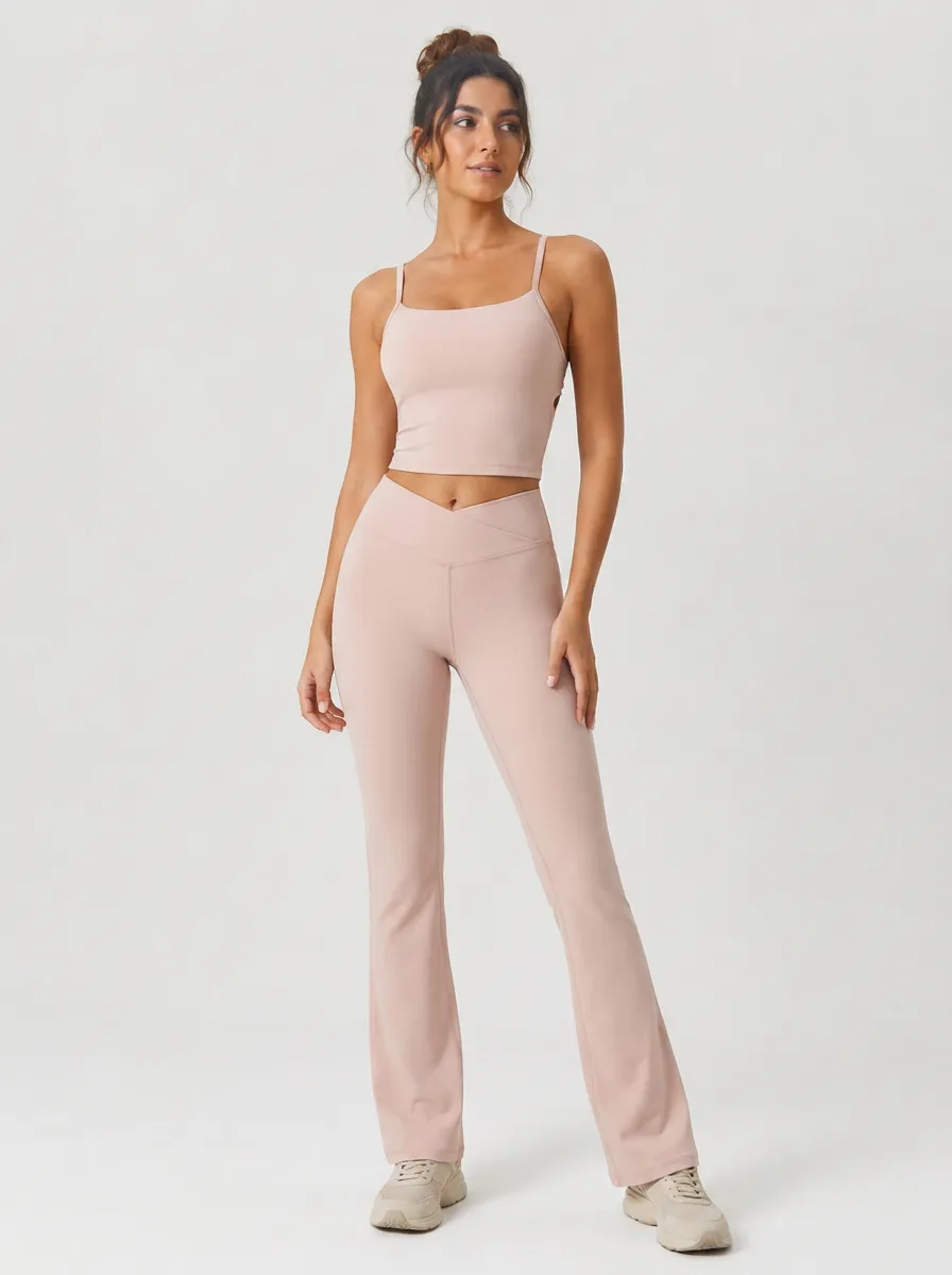 Women's Yoga Fitness Crossover Waist Flared Leggings Crop Top Set