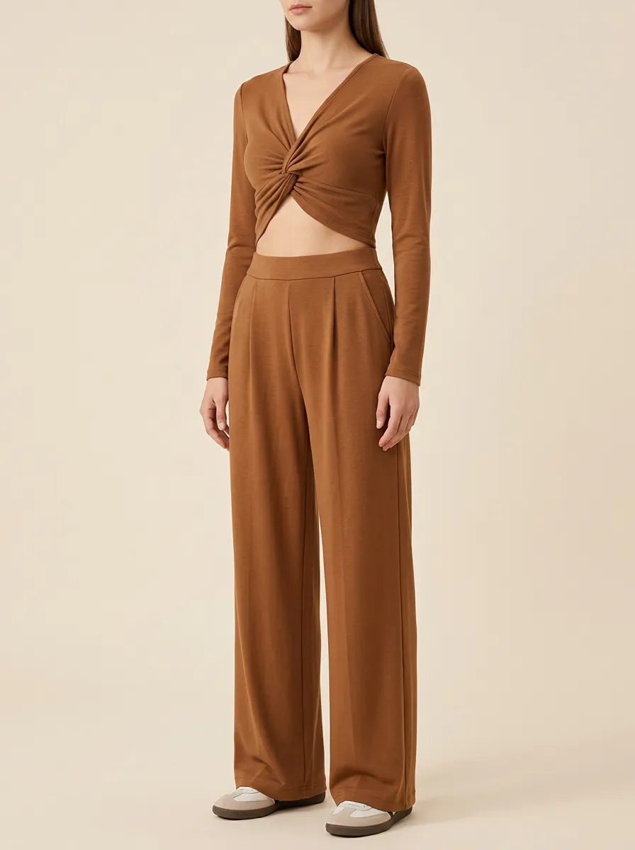 Women's Twist-Front V-Neck Crop Top and Pleated Wide-Leg Trouser Set