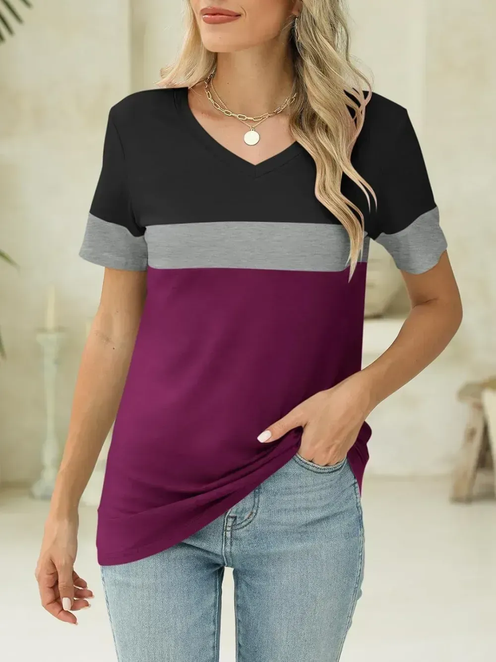 ORANDESIGNE Women's Color Block Short Sleeve T Shirts Casual V Neck Summer Tops Tees Loose Fit Blouses