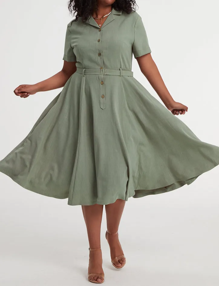 Linen Cotton Fit And Flare Shirt Notched Collar Short Sleeve Midi Dress
