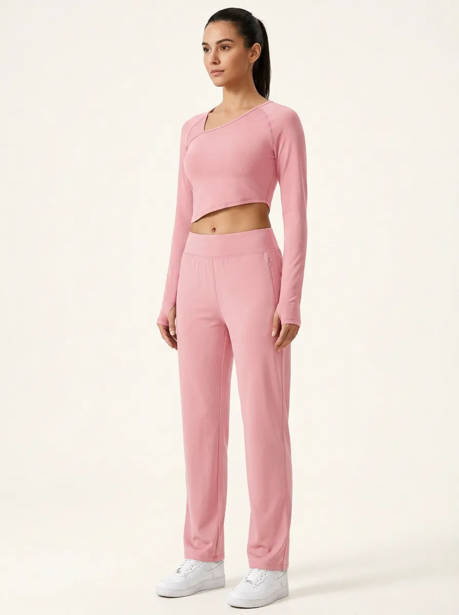 Women's Layered Asymmetric Thumbhole Crop Top and Straight-Leg Pant Set