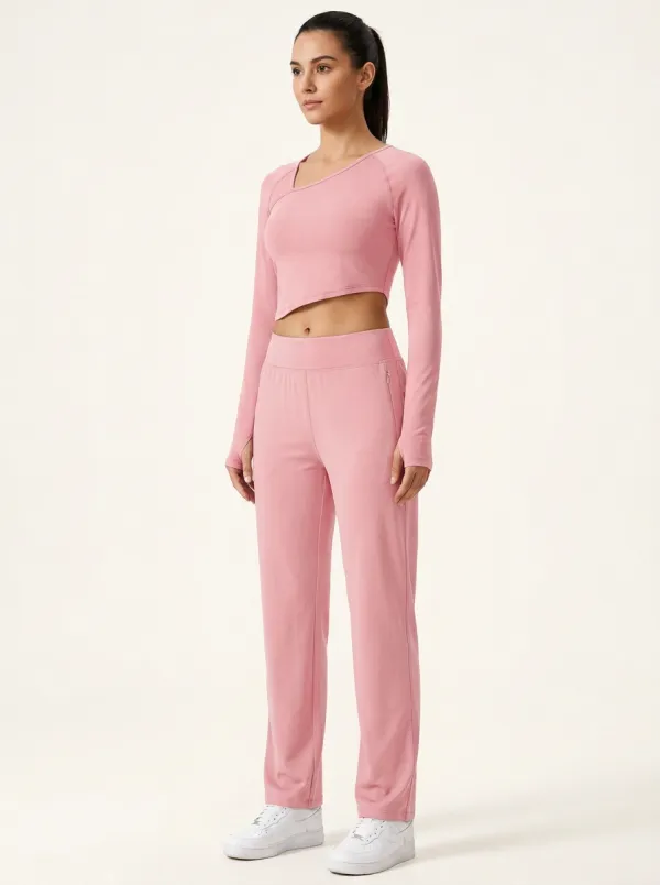 Women's Layered Asymmetric Thumbhole Crop Top and Straight-Leg Pant Set