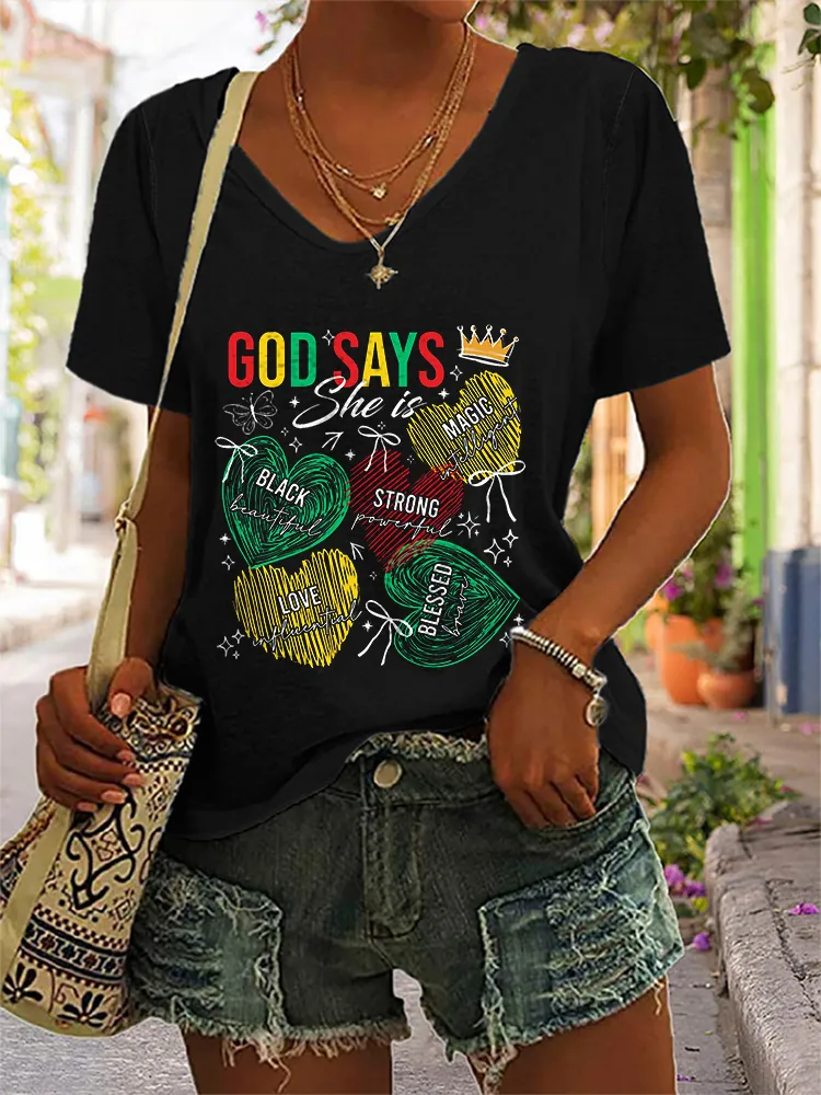 Women's God Says Black Strong Magic Love Blessed V-Neck Short-Sleeved T-Shirt
