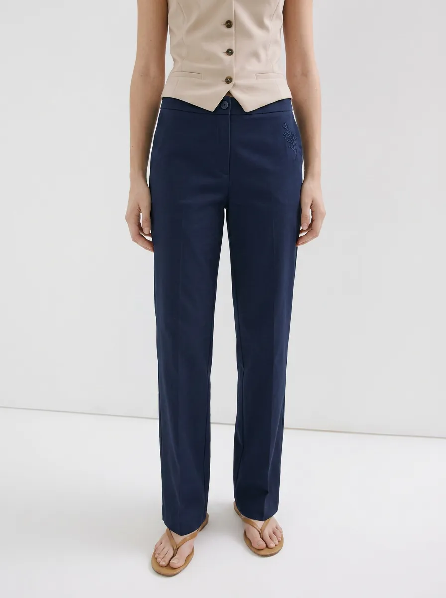 Women's Minimalist Botanical Embroidered Mid-Rise Straight Leg Pants