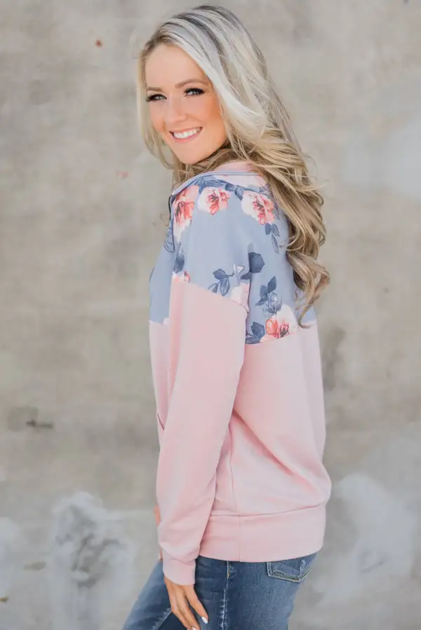 Floral Splice Kangaroo Pocket Zip Collar Sweatshirt