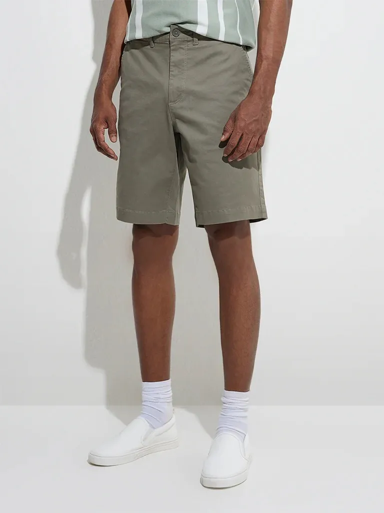 Olive Loose Mid-Waist Cotton-Blend Shorts
