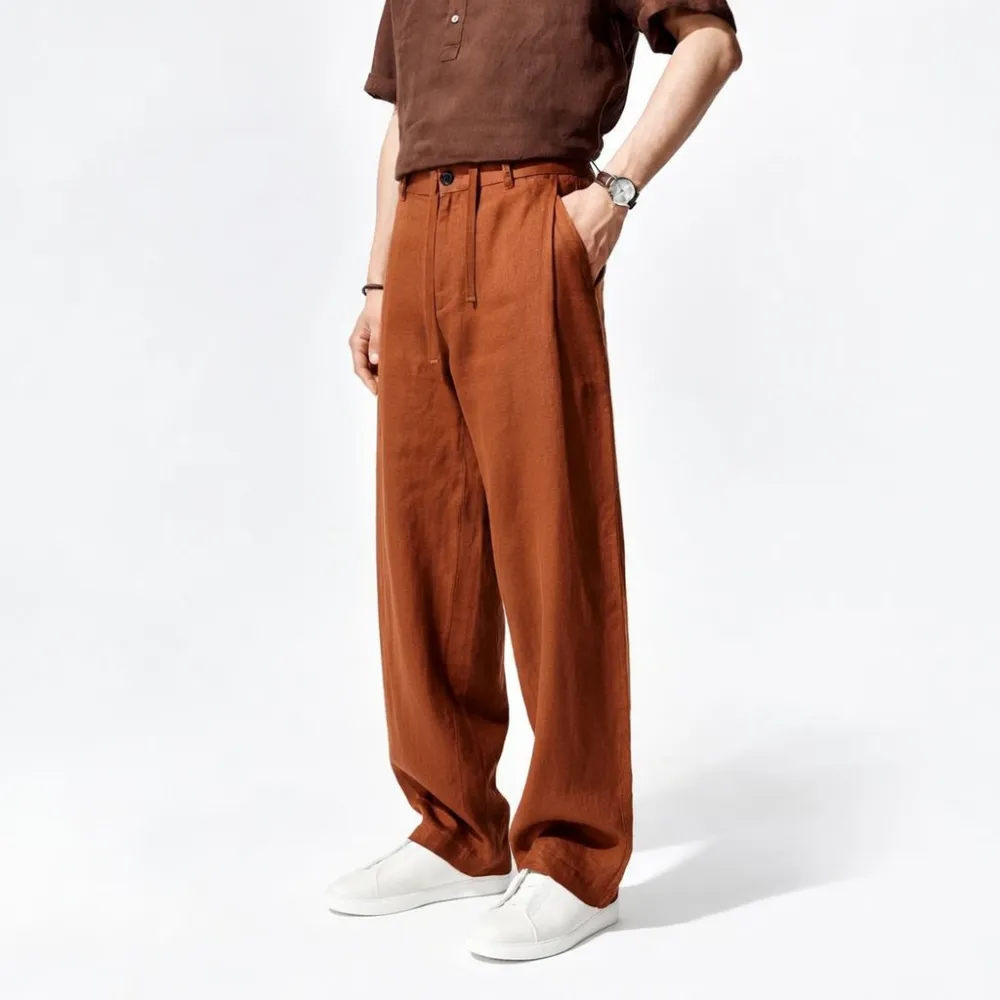 Men's Heavyweight Pure Linen Straight-Leg Casual Trousers – 