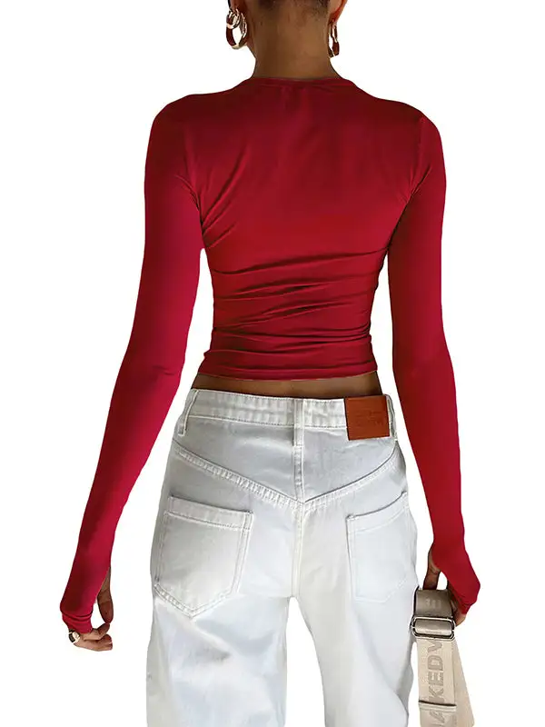 Long Sleeve Slim Fit Cutout Round Neck T-Shirt