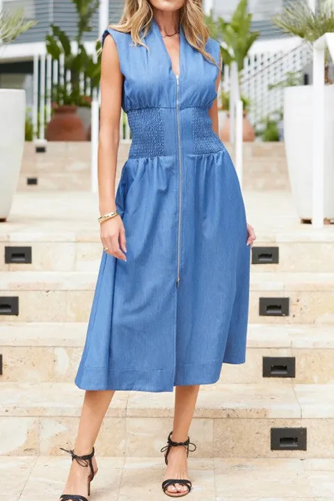 Women's Blue Zip Front Tencel Midi Dress