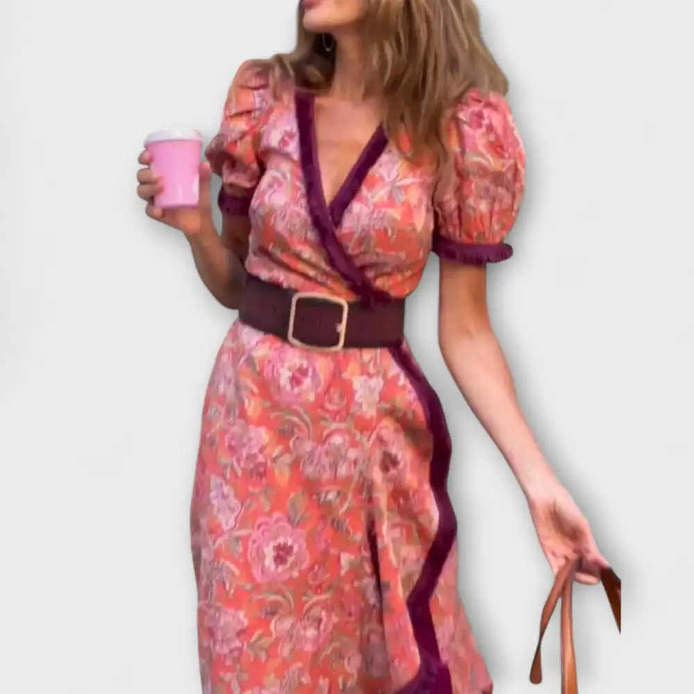 Belted Short Sleeve Flowing Maxi Dress