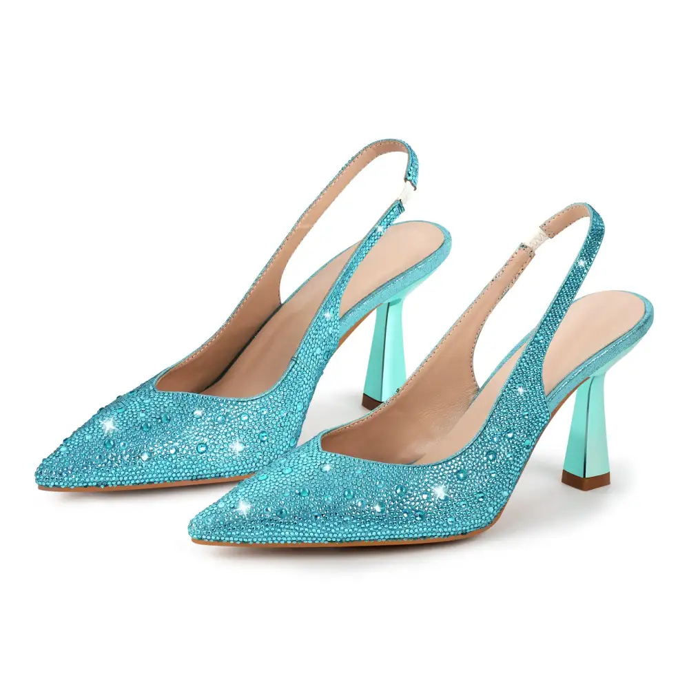 Rhinestone Pointed Toe Chunky Heel Slingback Pumps