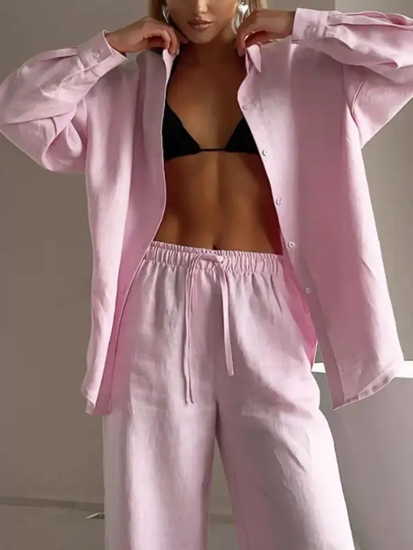 Relaxed Fit Button Up Shirt and Pants Two Piece Set