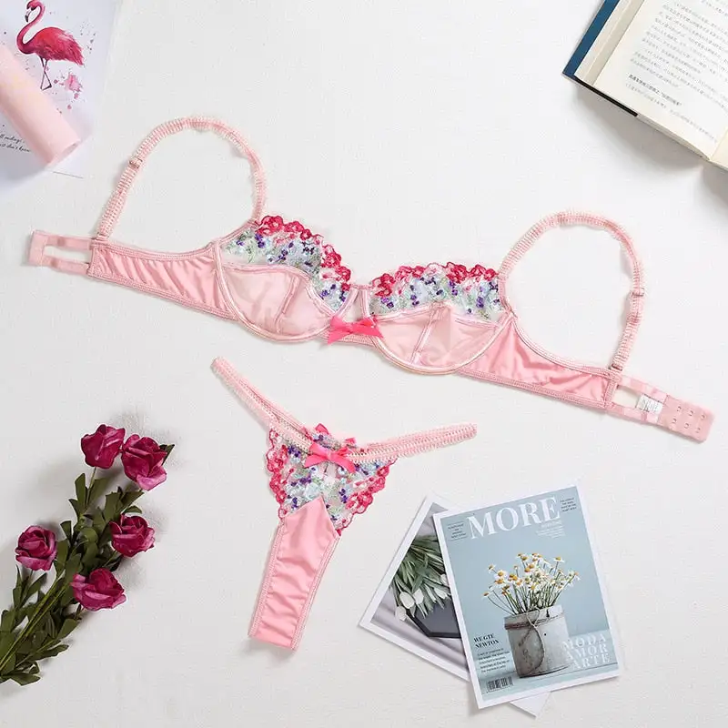 Floral Embroidered Thong Lingerie Set