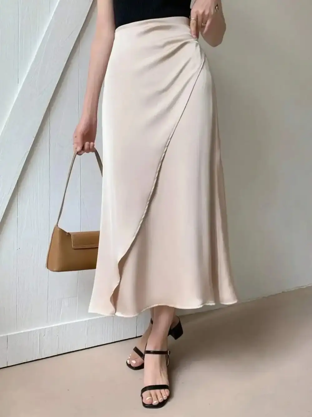 Asymmetric Wrap Midi Skirt With Fluted Hem