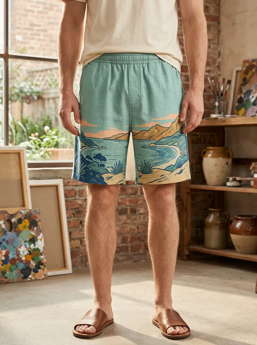 Men's Beach Landscape Scenic Elastic Waist Shorts