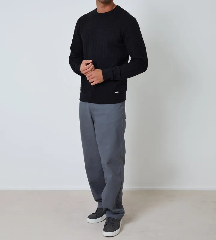 Black Cable-Knit Crewneck Sweater