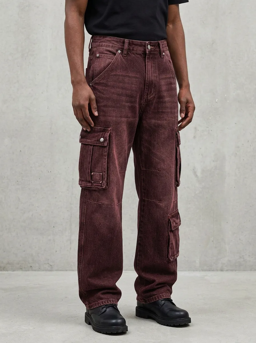 Men's Washed Black Denim Multi-Pocket Cargo Pants