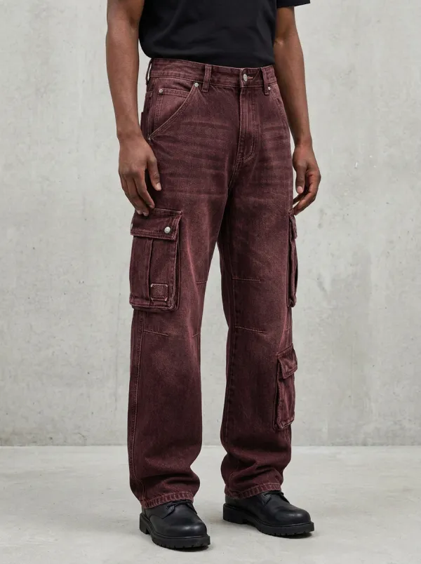 Men's Washed Black Denim Multi-Pocket Cargo Pants