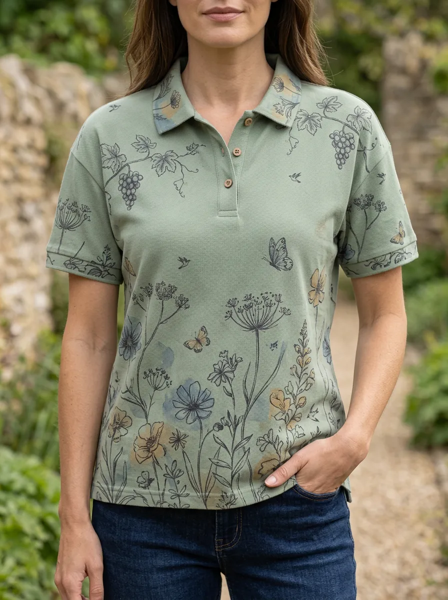 Women's Botanical Butterfly Grapevine Printed Polo Shirt
