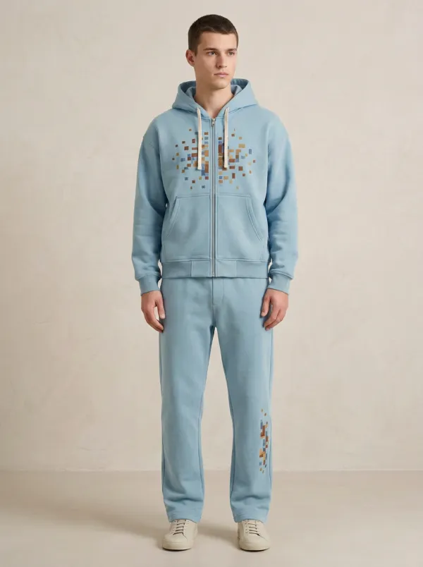 Men's Geometric Pixel Art Printed Zip-up Hoodie Sweatpants Set