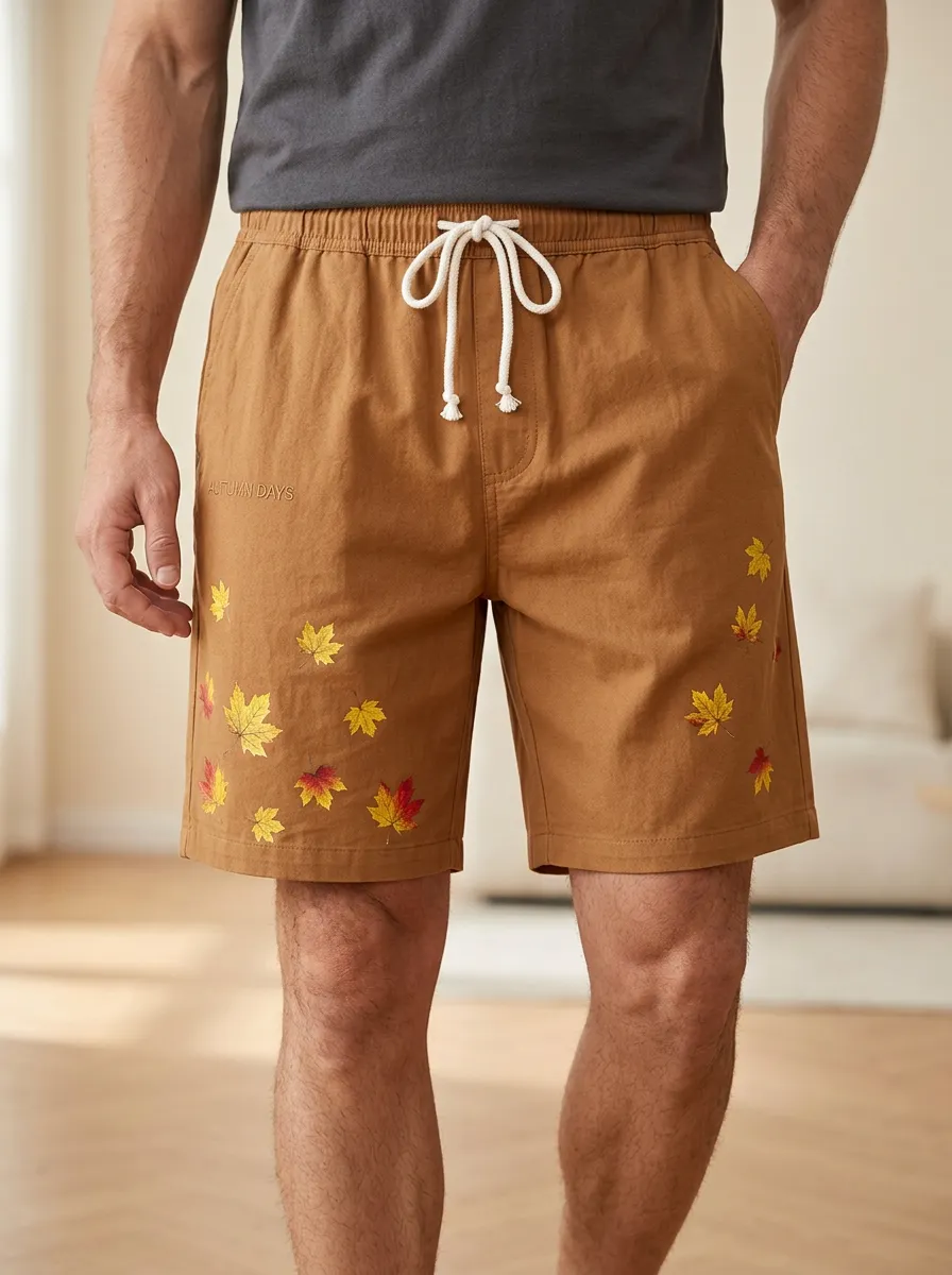 Tan Embroidered Leaf Drawstring Drawstring Shorts