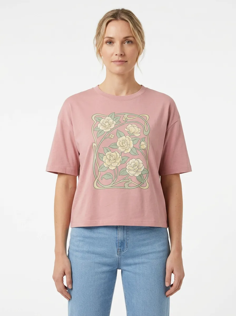 Women's Crew-Neck Graphic Floral Rib-Trim T-Shirt