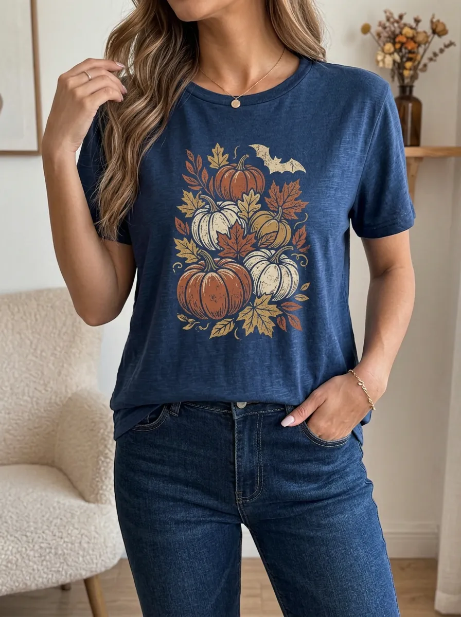 Women's Halloween Pumpkin Bat Fall Leaves Printed T-shirt