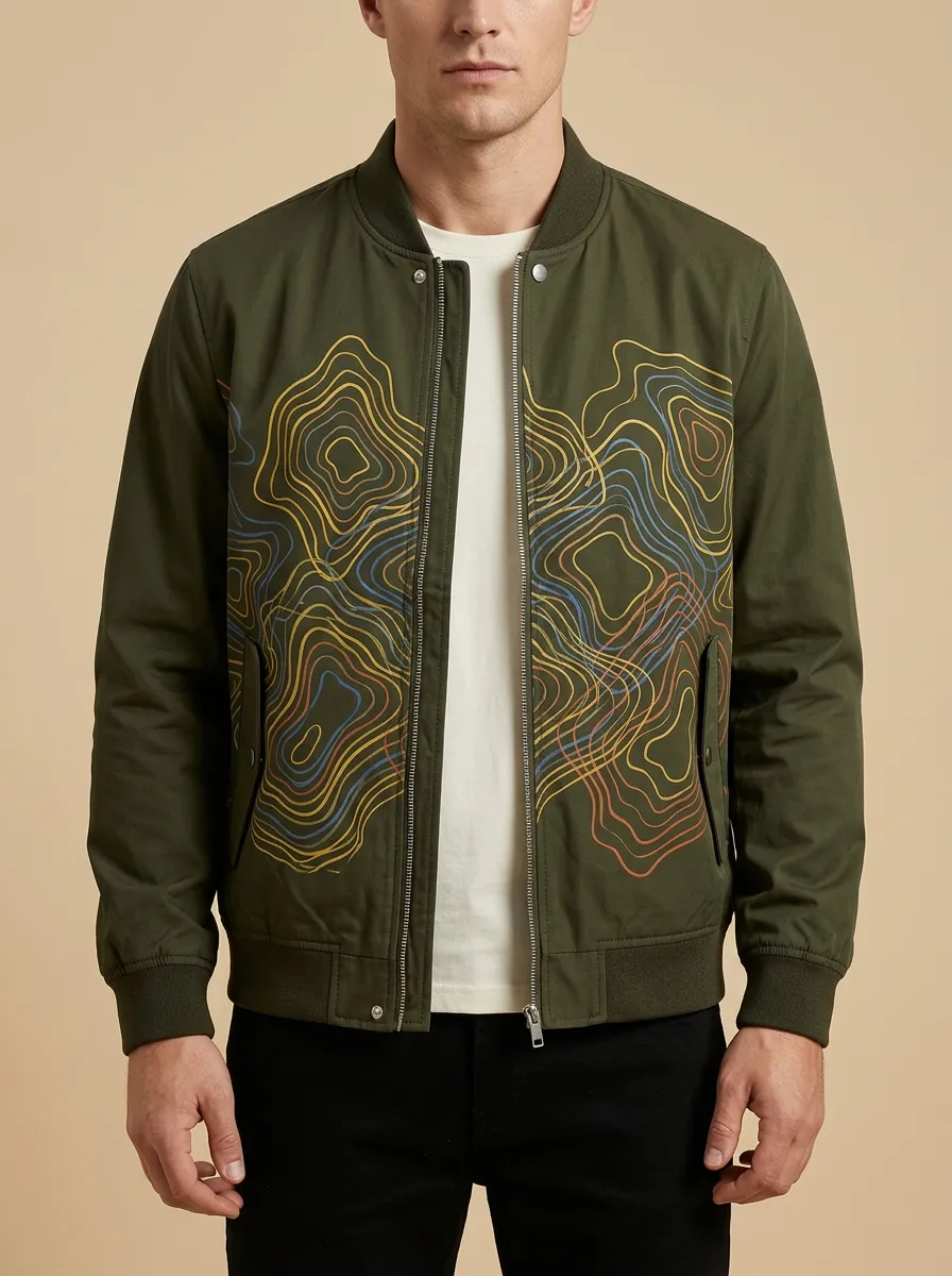 Topographic Print Ribbed Trim Cuffed Sleeves Bomber Jacket
