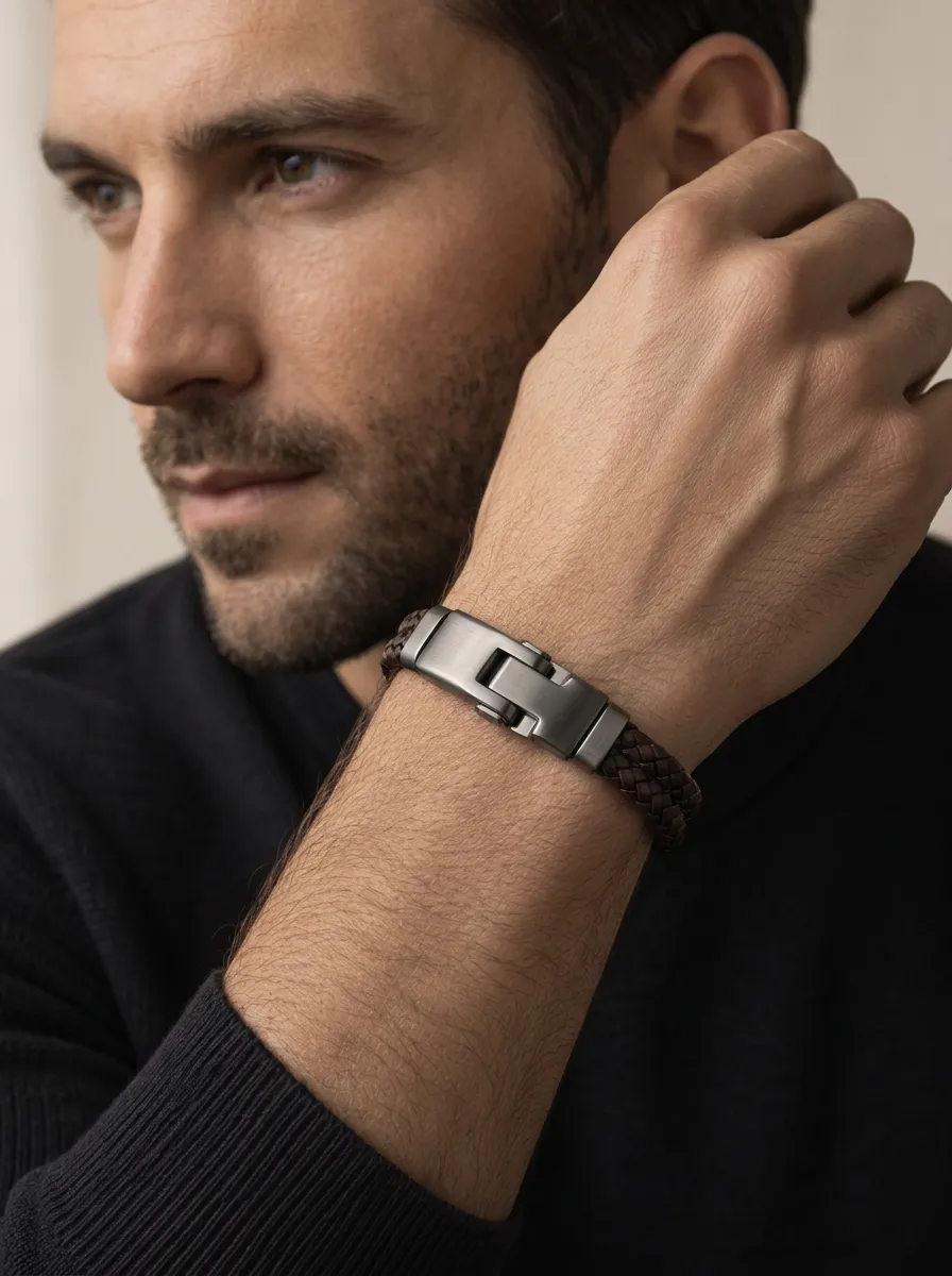 Men's Modern Braided Leather Stainless Steel Clasp Bracelet