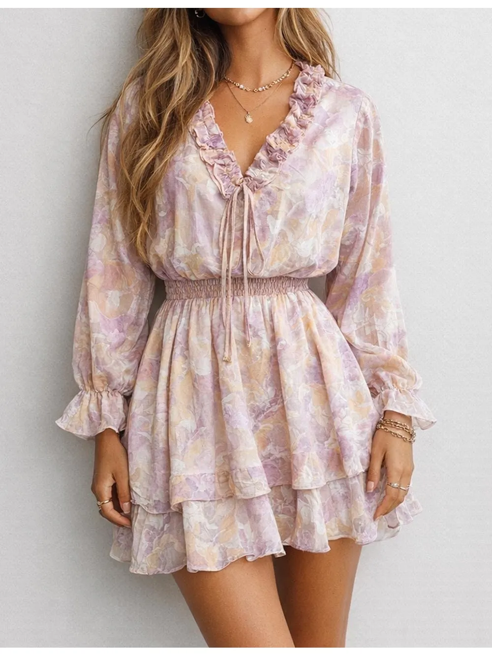 V Neck Tiered Ruffle Smocked Mini Dress