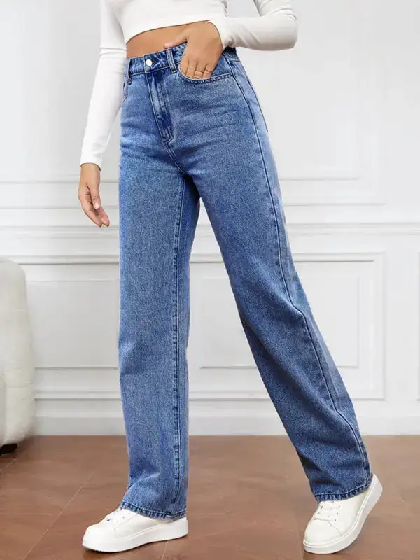 Refined High-Waist Washed Pocketed Straight Leg Jeans