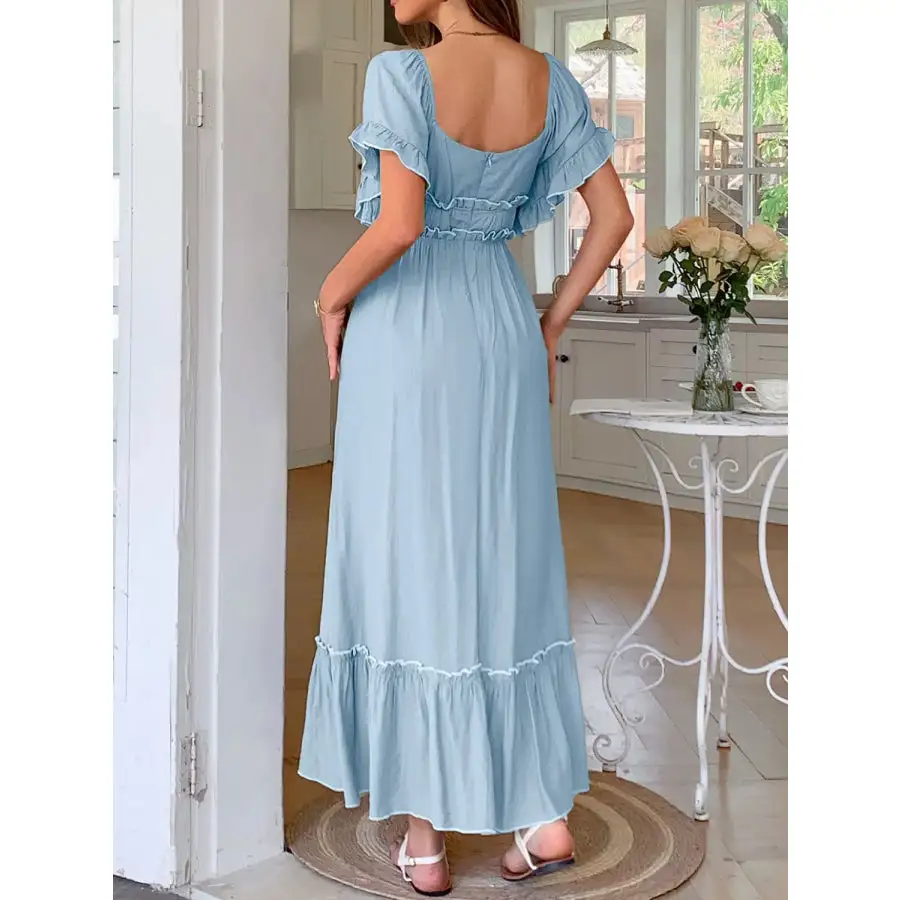 Square Neck Puff Sleeve Ruffle Trim Maxi Dress