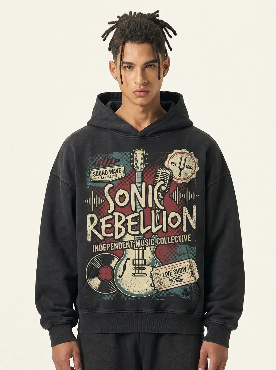 Men's Rock Music Lover Sonic Rebellion Guitar Printed Hoodie